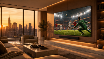 Premium 4K OLED television displaying a FIFA World Cup 2026 football match in a modern luxury living room.