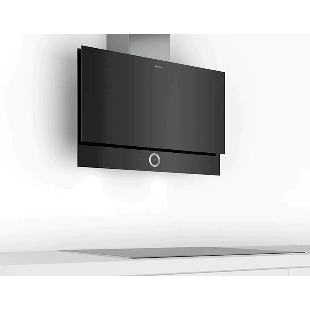 BOSCH DWF97RV60B Series 8 wall-mounted cooker hood 90 cm clear glass black printed