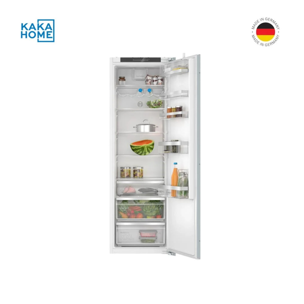 Bosch KIR81AFD0M refrigerator with door fully open showing interior