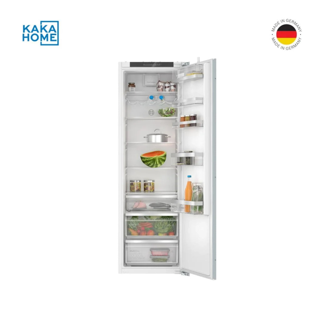 Bosch KIR81AFD0M refrigerator with door fully open showing interior