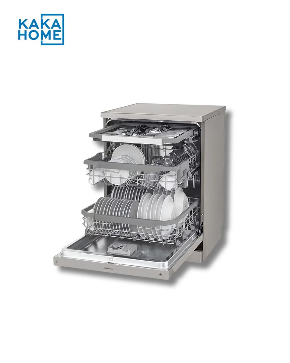 LG DFB425FP dishwasher tilted view with door fully open