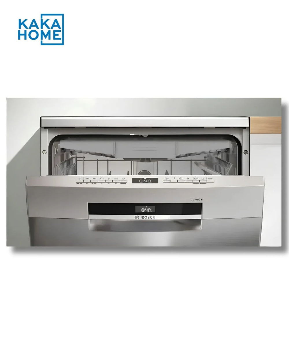 Bosch SMS6EMI38M dishwasher top view with door partially open