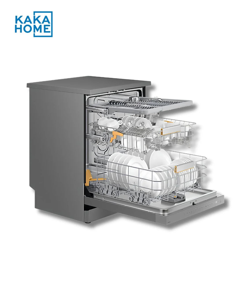 Samsung DW60DG790FSLGU dishwasher tilted side view with door open and racks