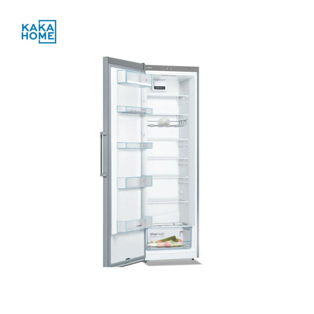Bosch KSV36VL3PG refrigerator with door fully open showing interior