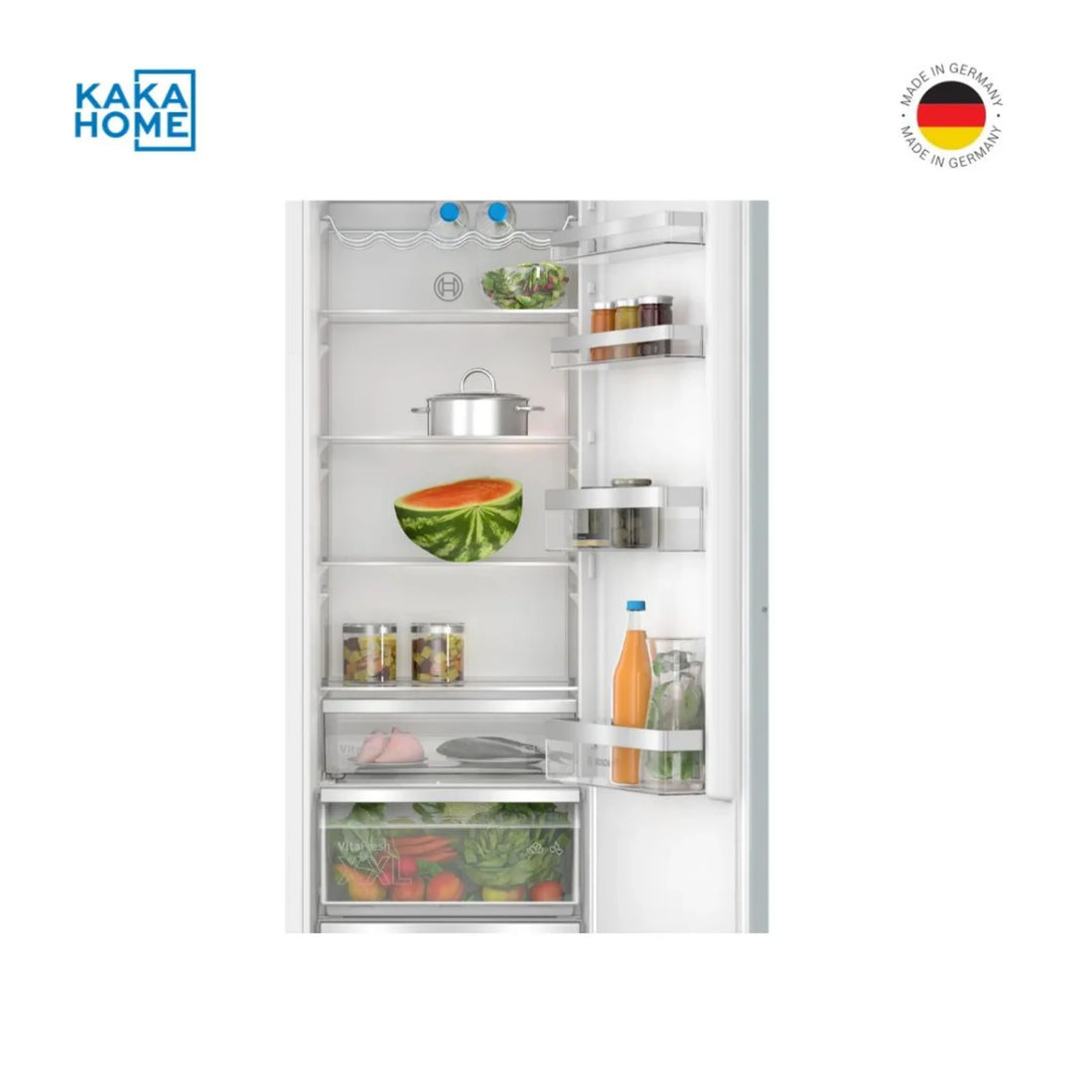 Bosch KIR81AFD0M refrigerator with door fully open showing interior