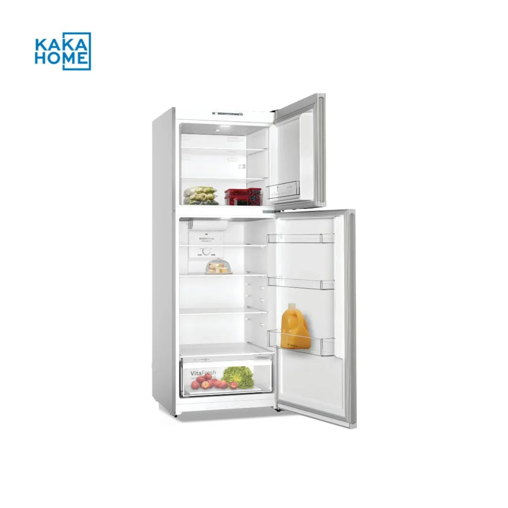 Bosch KDN55NLE0M refrigerator with both fridge and freezer doors open