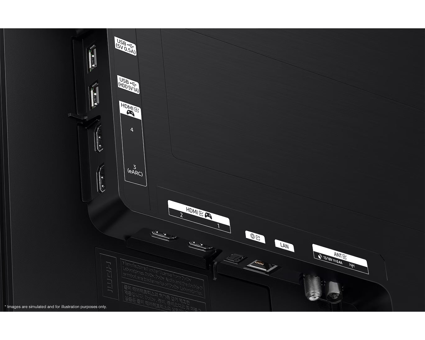 Back view of a black electronic device with ports and labels