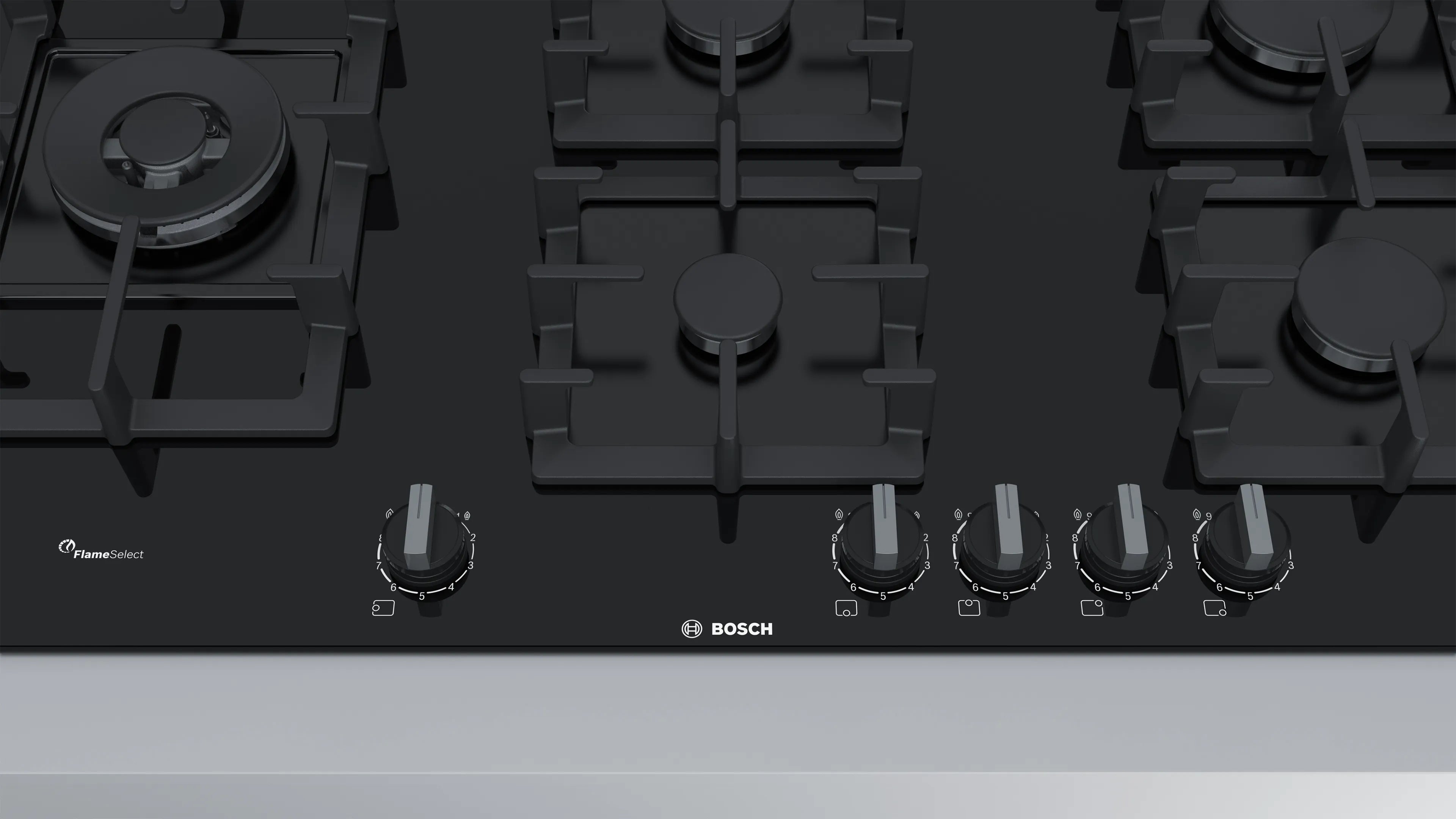 Bosch Series 6, 5 Burner gas hob 90 cm Tempered glass, Black