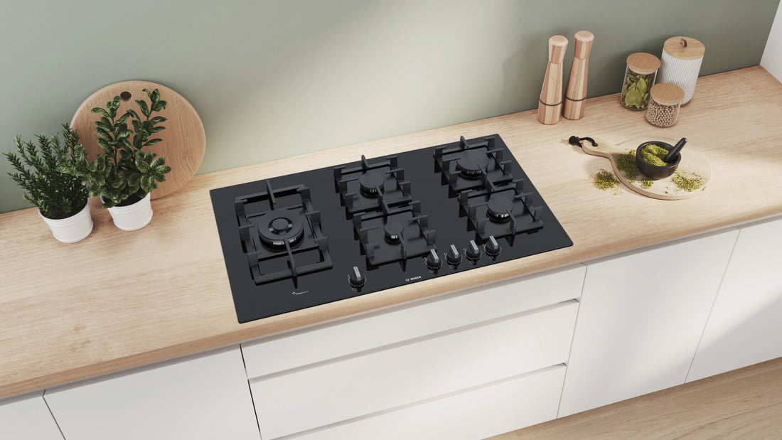 Bosch Series 6, 5 Burner gas hob 90 cm Tempered glass, Black