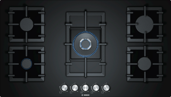Bosch Series 6 Gas Hob 5 Burner 90cm Hard Glass Black PPQ9B6O90M