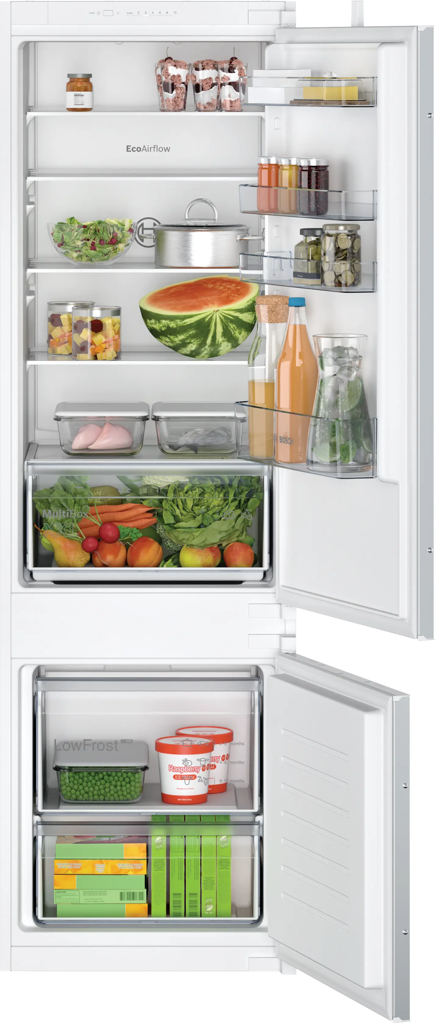Bosch Series 2, Built-in fridge-freezer with freezer at bottom, 177.2 x 54.1 cm, sliding hinge KIV87NSF0M