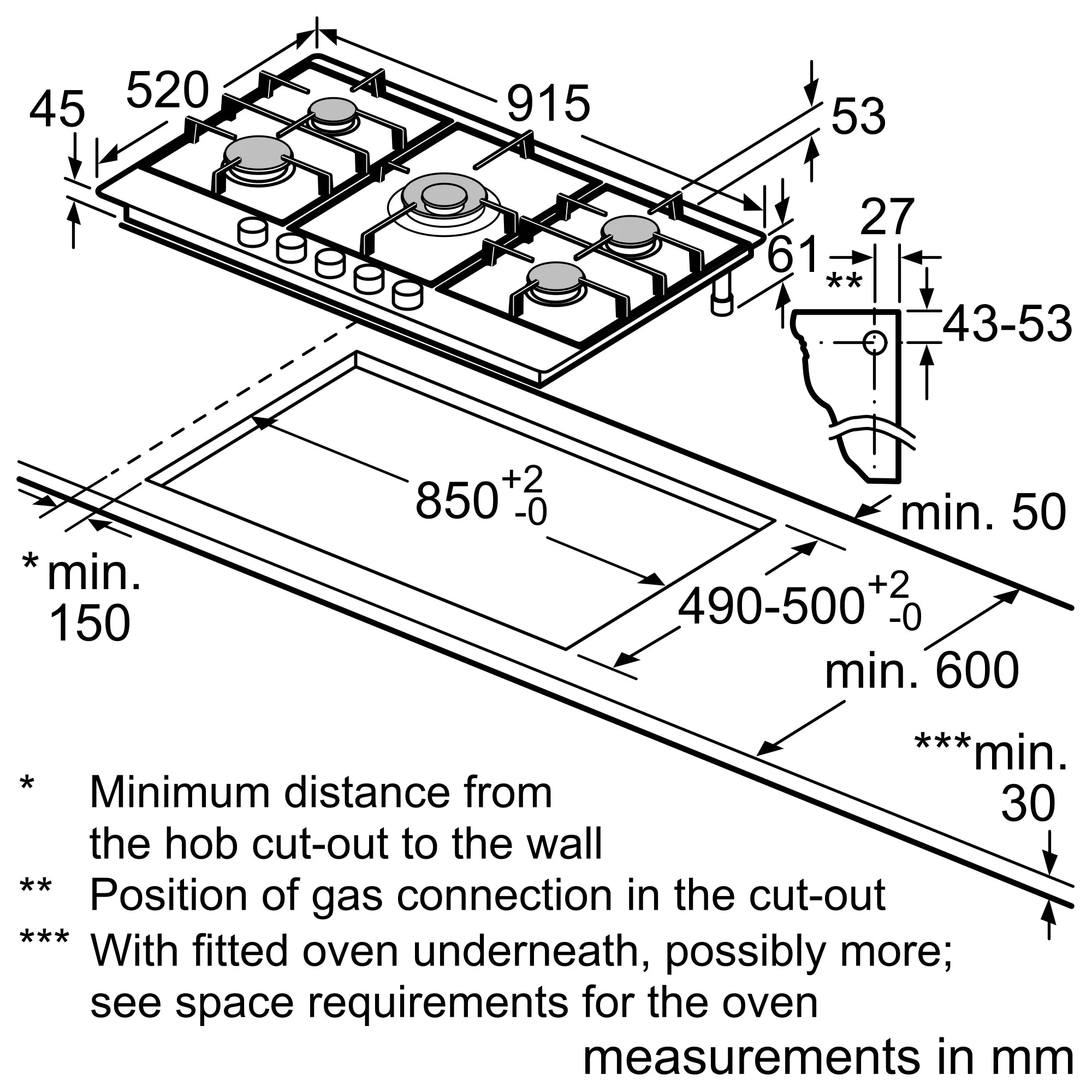 Bosch Series 6, 5 burner gas hob 90 cm Stainless steel