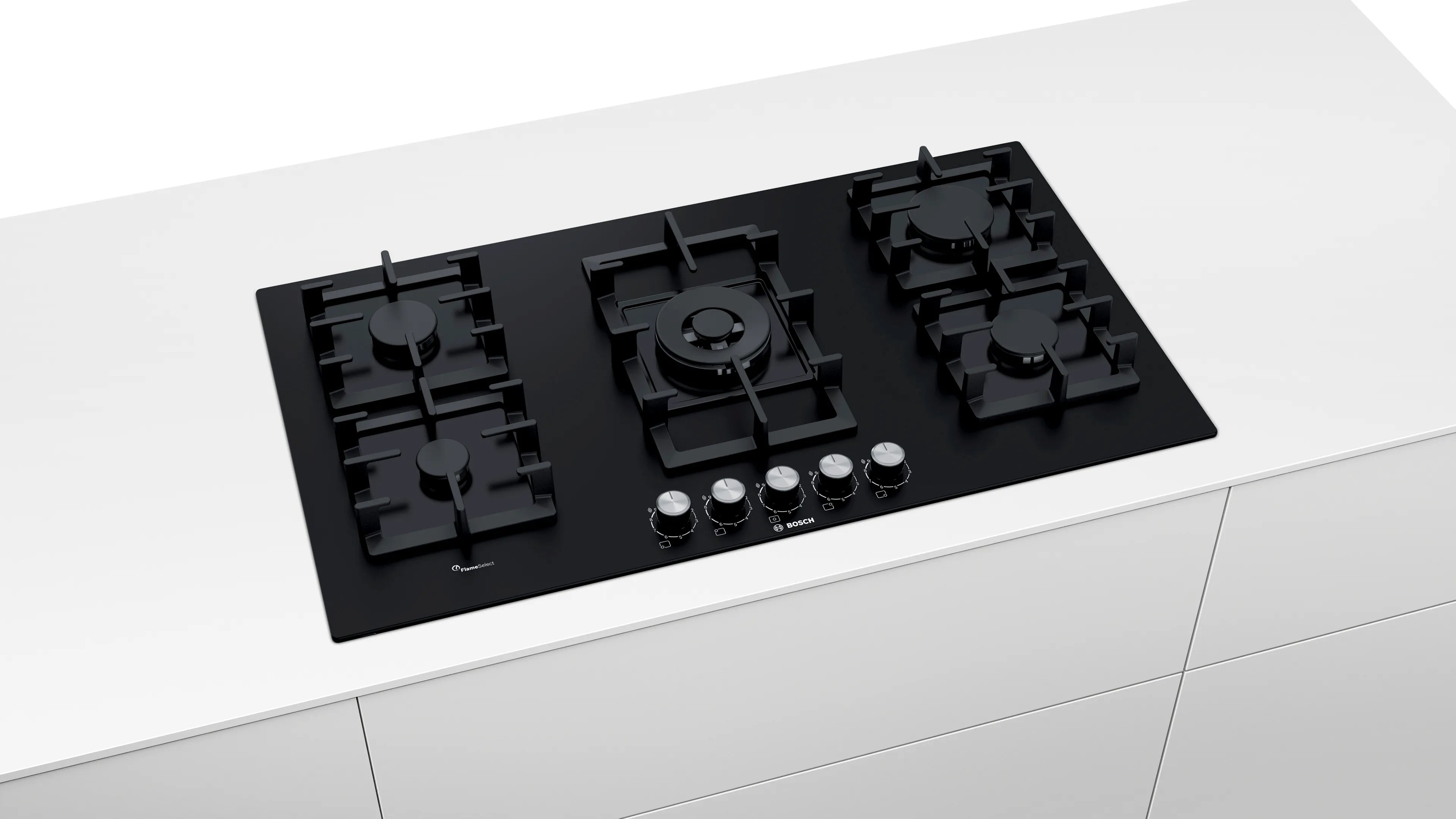 Bosch Series 6, 5 burner gas hob 90 cm Hard glass, Black