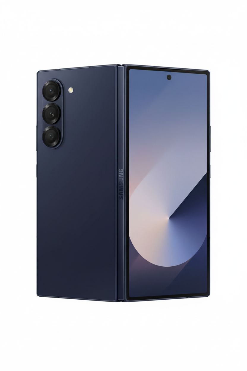 Foldable smartphone with a dark blue color on a white background